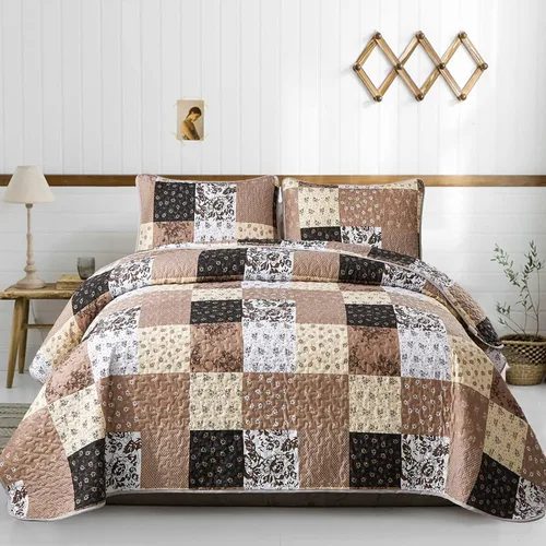 Miniatura 30 de Mybedsoul Juego de edredón bohemio beige tamaño individual, juego de colcha floral a cuadros de 3 piezas, juego de ropa de cama reversible