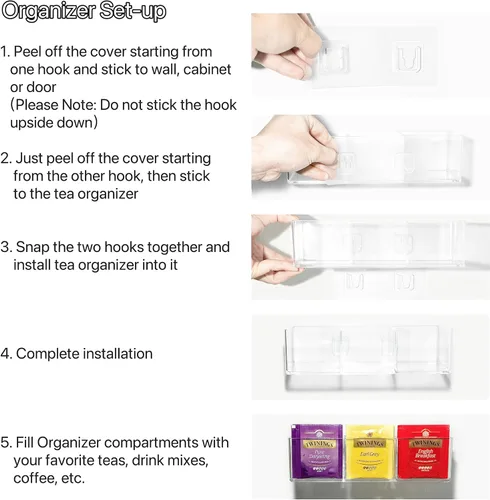 Miniatura 6 de Organizador de Bolsitas de Té con Capacidad para hasta 60 Bolsitas de Té, Té con 3 Compartimentos, Caja de Té de Montaje Adhesivo en Pared