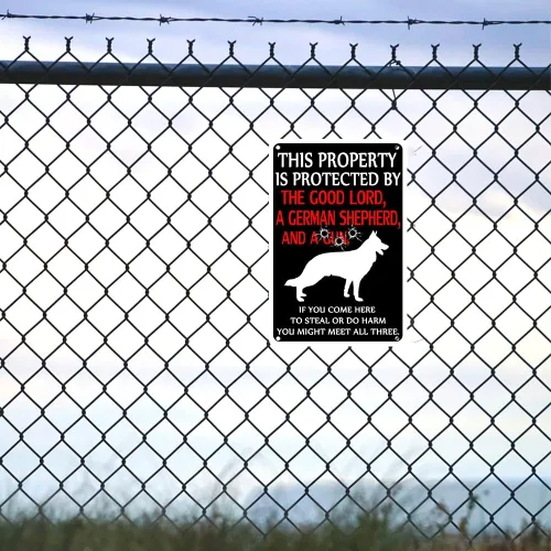 Miniatura 6 de Letrero de Metal Cuidado con el Perro - Letreros de Advertencia Divertidos para Propiedad Protegida por Pastores Alemanes - Letrero de Hojalata