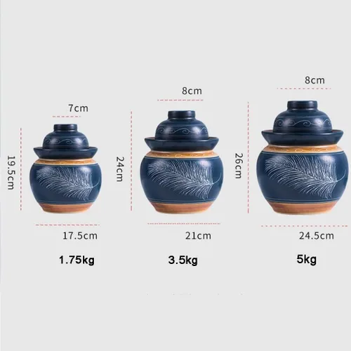 Miniatura 3 de Tarro de encurtido de porcelana china tradicional azul, olla de decapado de fermentación de cerámica, frasco de fermentación con sello de agua tapa