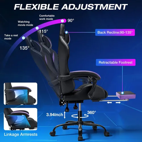 Miniatura 7 de Silla de juegos RGB con masaje y luces LED, silla de computadora ergonómica con reposapiés, silla reclinable de respaldo alto para videojuegos