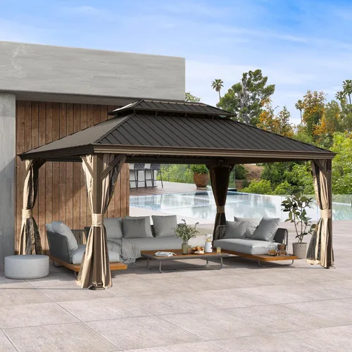 Miniatura 43 de Domi - Cenador de techo rígido de 8 x 8 pies con malla y cortinas, cenador para exteriores con techo doble de acero galvanizado para patio, césped