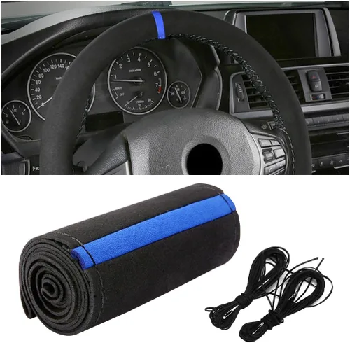 Funda para volante de automóvil, protector envolvente completo de gamuza suave para volante con costura, con aguja e hilo, agarre cómodo, accesorios