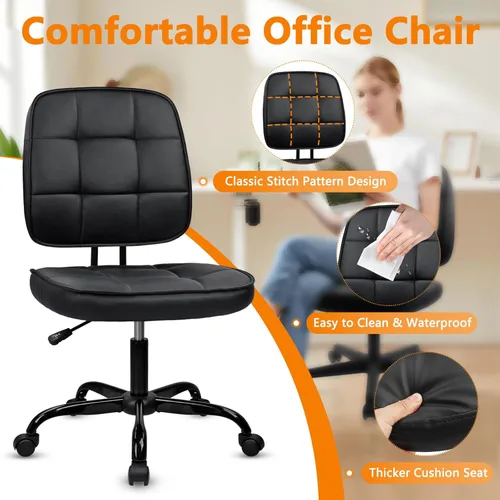 Miniatura 4 de CLATINA Silla de oficina en casa, sin brazos, con ruedas, ergonómica, de cuero, con respaldo bajo, altura ajustable, giratoria de 360°, silla