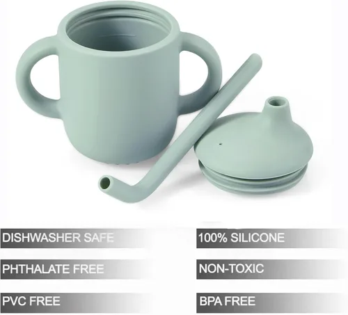 Miniatura 3 de PandaEar Paquete de 2 vasos de entrenamiento de silicona 100% diminutos con asas y popote para bebés y niños pequeños (rosa verde)