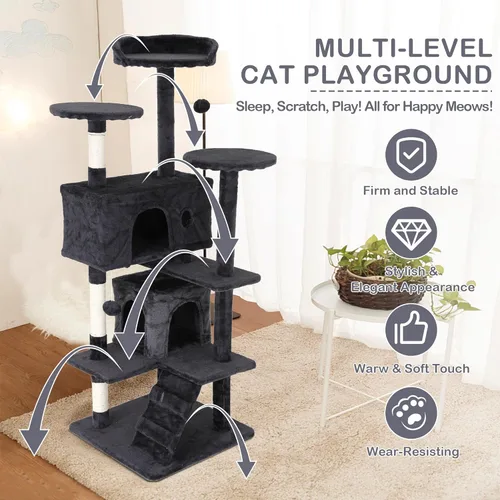 Miniatura 3 de Árbol para gatos de varios niveles de 54 pulgadas de alto, muebles con 3 postes rascadores, 3 plataformas de soporte, 2 condominios, torre con Gris