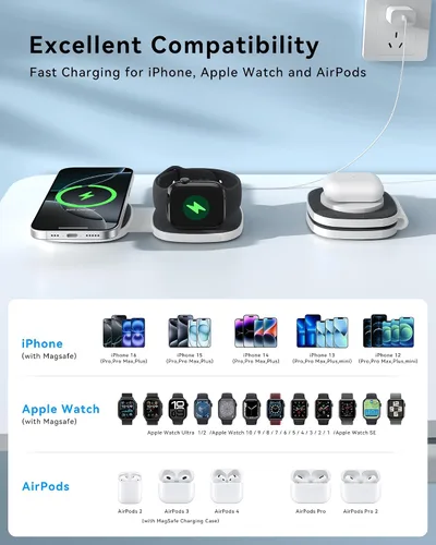 Miniatura 8 de Cargador inalámbrico plegable 2 en 1 Mag-Safe para iPhone 16 15 14 13 12 Series, Apple Watch Series/Ultra/SE, Airpods/Pro, cargador Magsafe portátil