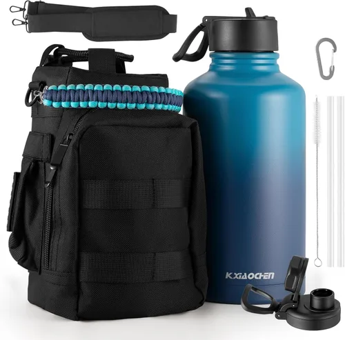 Miniatura 48 de KXIAOCHEN Botella de agua aislada, botella de agua de acero inoxidable, 2 tapas (con pajilla y tapa con asa), botellas de agua metálicas de boca