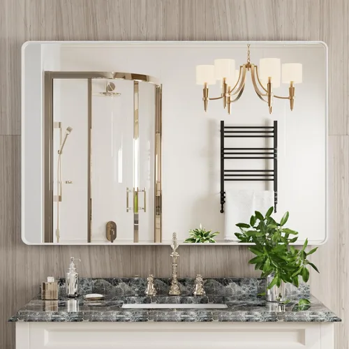 Miniatura 18 de JISOSO - Espejo de baño de 24x36 pulgadas con marco de metal cepillado color níquel, espejo con marco de metal cepillado plateado para pared, espejo