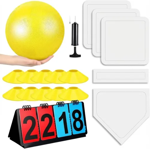 Jenaai Juego de Kickball Deportivo de 18 Piezas Incluye Pelota de Patio de Juegos 5 Bases de Goma Plegables Bomba de Pelota Marcador Bolsa de Red 10