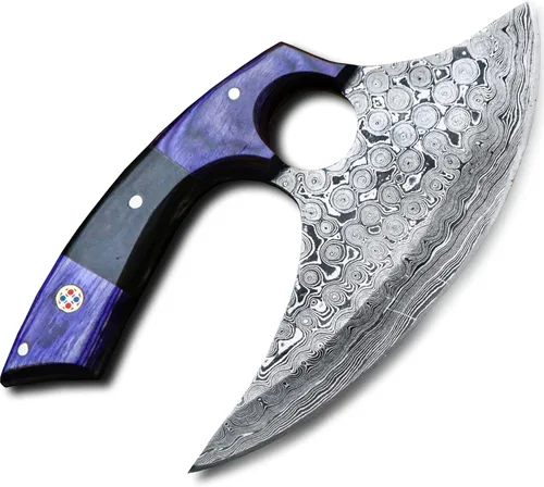 Cuchillos - Alaska Ulu - Cuchillo Mezzaluna Ulu - Cortador de pizza Ulu - Ulu tradicional - Acero de Damasco hecho a mano - Mango estabilizado - 3055