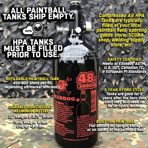 Miniatura 5 de Maddog Aluminum Compressed Air HPA Paintball Tank with Regulator - Airgun Airsoft PCP - Fresh Hydro Date - Ships Empty - Single - Refillable