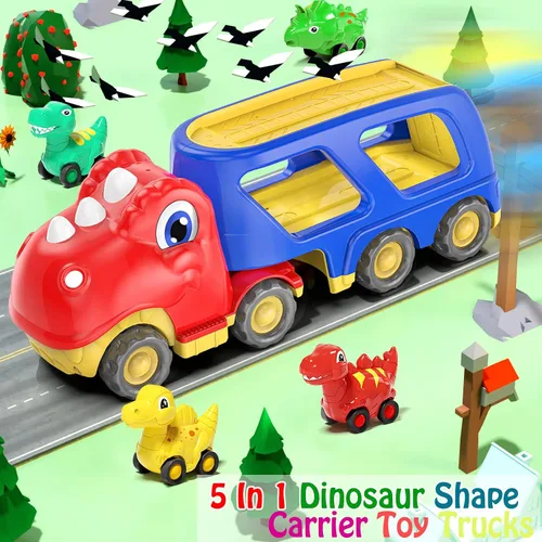 Miniatura 2 de Veslier Auto de juguete para niños de 2, 3, 4, 5 años, camión transportador de dinosaurios con 4 unidades de automóvil pequeño de dinosaurio