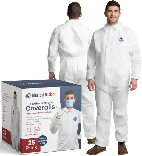 Medical Nation Trajes desechables para materiales peligrosos, paquete de 25, medianos | Overol protector sin capucha – Pintores de cuerpo completo