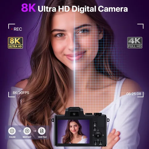 Miniatura 3 de Cámaras digitales 8K para fotografía con WiFi, cámara de enfoque automático de 88 MP para vlogging para YouTube con doble lente, cámara digital