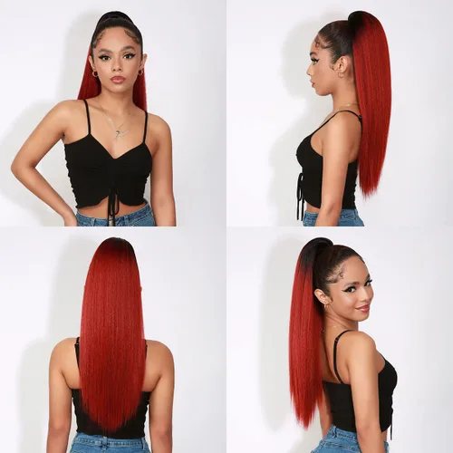 Miniatura 2 de GLAM21USA Extensión de cola de caballo Yaki recta de 24 pulgadas de largo con cordón para mujeres negras, extensión de cabello natural con clip