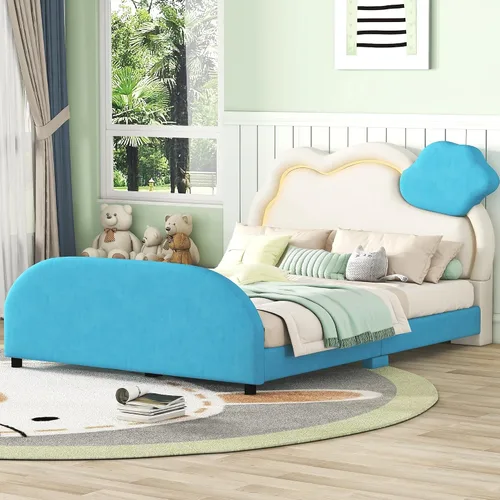 Miniatura 15 de Cama de plataforma tapizada de tamaño individual con cabecero en forma de oso y rayas de luz incrustadas, bonito marco de cama de plataforma