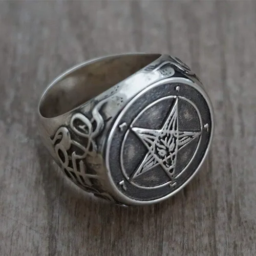 Miniatura 4 de Anillo de sello vintage para hombre, anillo de pentagrama, anillo de acero inoxidable de Baphomet, anillo gótico satánico, anillo punk
