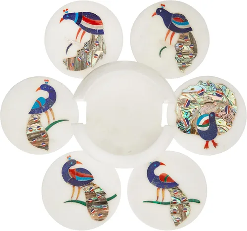 Queenza Posavasos de mármol para regalos: juego de 6 posavasos para bebidas con soporte, arte de pavo real con incrustaciones de mármol, posavasos