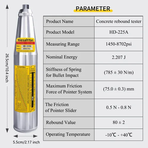 Miniatura 8 de HD-225A - Probador profesional de martillo de rebote de hormigón, herramienta de medidor de prueba de resiliómetro portátil con rango de 10-60