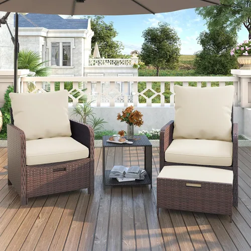 Miniatura 3 de UDPATIO Silla de mimbre para patio con otomana Hiddern para balcón, juego de conversación de patio de 5 piezas con mesa auxiliar para porche