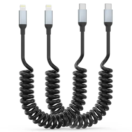 Cable enrollable USB C a Lightning, paquete de 2 cables tipo C a Lightning retráctiles para cargador de iPhone en el automóvil, cable corto USBC