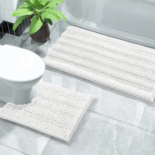 Miniatura 11 de Yimobra Juego de 2 alfombras de baño de felpilla suave y absorbente y alfombra para inodoro en forma de U, antideslizante, lavable a máquina