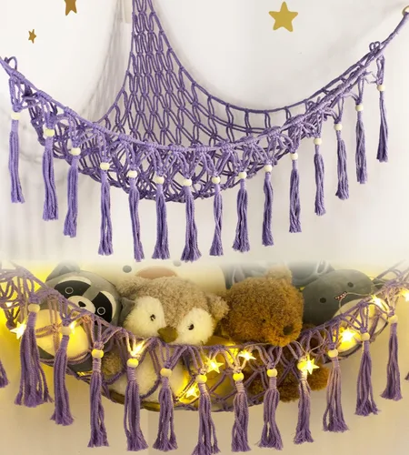 Miniatura 11 de Hamaca de almacenamiento para juguetes de animales de peluche con luz LED - Organizador de habitación jumbo de macramé para muñecas, decoración