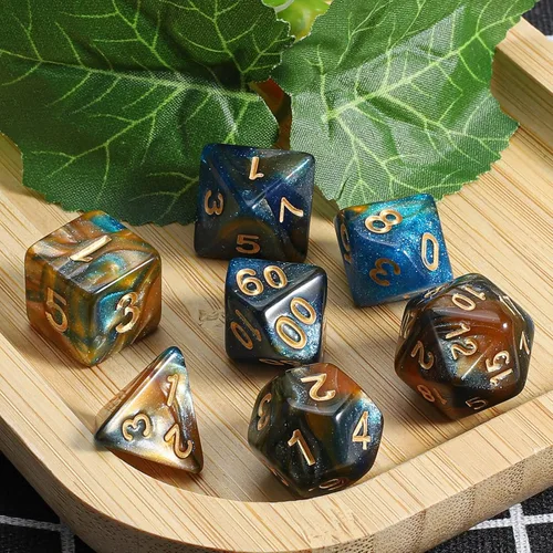 Miniatura 5 de CiaraQ DND - Juego de dados poliédricos con una bolsa de dados negra para juegos de mesa de rol D&D RPG MTG Azul mezclado con marrón + purpurina