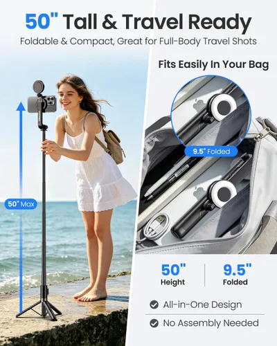 Miniatura 4 de UBeesize Trípode magnético para selfie stick con luz regulable y control remoto recargable, soporte de trípode portátil de viaje para teléfonos