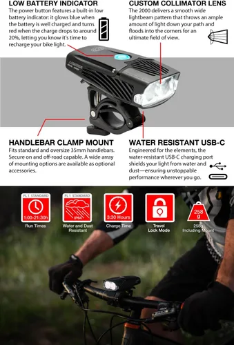 Miniatura 4 de NiteRider Lumina Dual 2000 Lumen USB-C recargable dual LED luz delantera para bicicleta – 7 modos potentes lúmenes IP64 impermeable faro