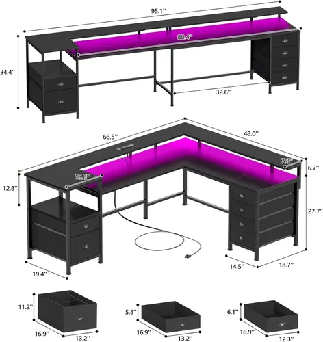 Miniatura 3 de Furologee Escritorio reversible para juegos en forma de L de 66 pulgadas con 6 cajones y estantes de almacenamiento para impresora, escritorio