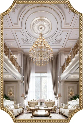 Espejo de pared de 24 x 36 pulgadas, espejo decorativo rectangular de esquinas festoneadas, marco de cuentas de metal, decoración de pared para Oro