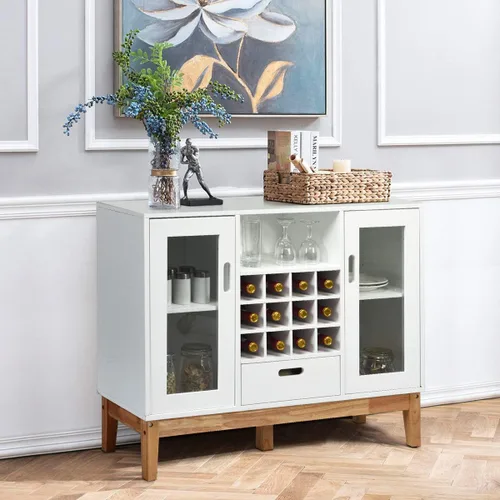 Miniatura 2 de Giantex Aparador de buffet, servidor de cocina de madera, armario de almacenamiento, estante para vino, 2 gabinetes, cajón y estante abierto