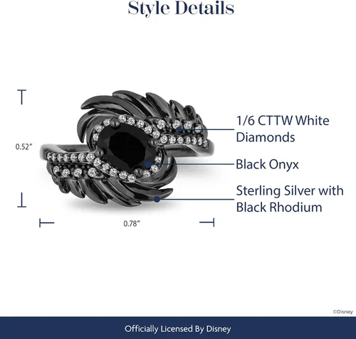 Miniatura 4 de Jewelili Enchanted Disney Fine Jewelry Anillo de plata de ley con rodio negro de 16 quilates de diamante y alas de maléfica de ónix, Metal, Diamante