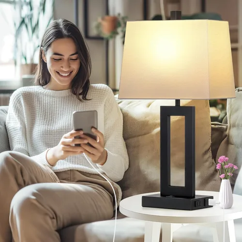 Miniatura 4 de Cinkeda Juego de 2 lámparas de mesa con puertos USB C+A y salida de CA, lámparas de noche, lámparas modernas para dormitorio, lámparas negras