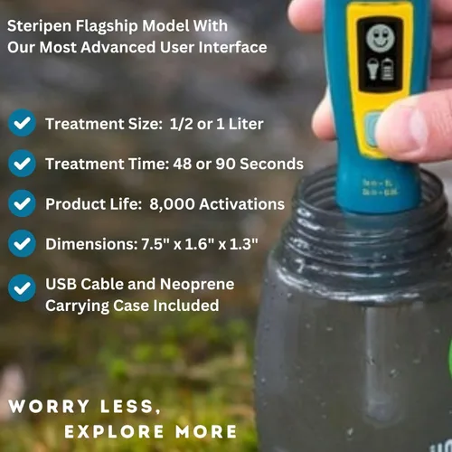 Miniatura 8 de SteriPen Purificador de agua ultra UV, recargable por USB, pantalla OLED de alto contraste, trata hasta 8,000 litros, senderismo, camping, viajes