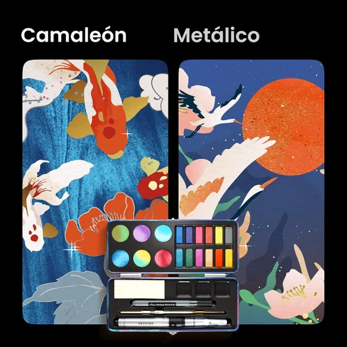 Miniatura 5 de ARTISTRO Juego de 18 pinturas de acuarela metálicas, juego de paleta que incluye 12 acuarelas metálicas con purpurina y 6 colores camaleón. Juego