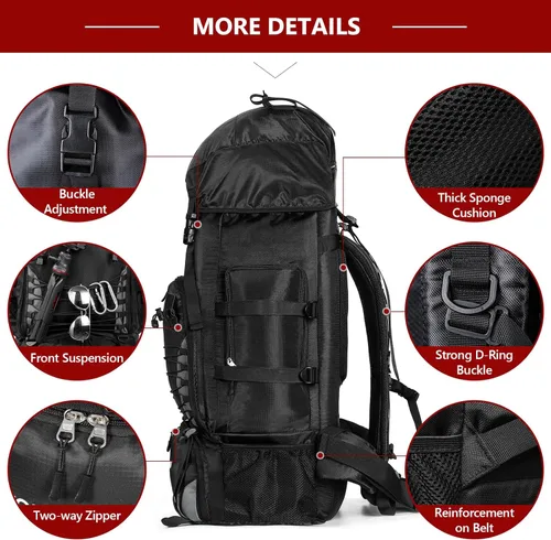 Miniatura 4 de Mochila de senderismo de 90L, bolsa de camping impermeable con cubierta de lluvia, mochila ligera para mochileros, sin marco Negro