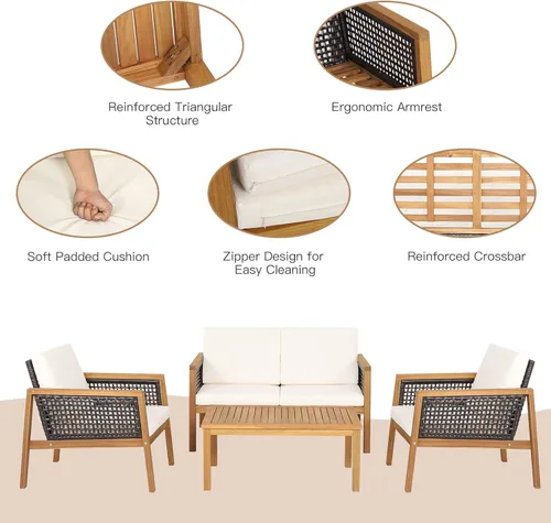 Miniatura 5 de COSTWAY Juego de muebles de mimbre para patio, sofá de mimbre para exteriores con marco de madera de acacia, mesa auxiliar y cojines