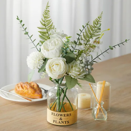 Anna's Whimsy Flores artificiales con jarrón, rosas blancas, peonías de seda en jarrón, centros de mesa de imitación florales para arreglos de mesa