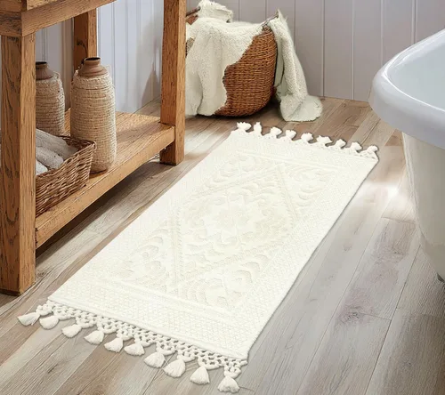Miniatura 7 de COTTON CRAFT Alfombra tejida de área, paquete de 2 alfombras de algodón con textura jacquard, alfombra rústica bohemia con flecos, lavable a