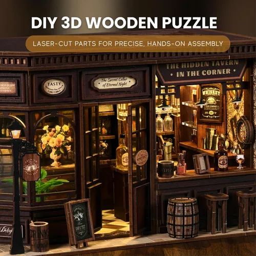 Miniatura 4 de Corner Tavern - Kit de rincón de libro de bricolaje con luces LED, rompecabezas de madera 3D para adultos, 327 piezas, diorama inspirado en pub