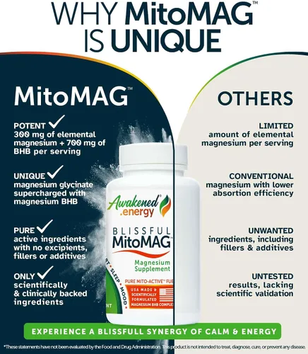 Miniatura 3 de Blissful MitoMag - Complejo de magnesio elemental de 300 mg: Mg glicinato, Mg BHB - Músculos del sueño Energía del estado de ánimo Enfoque cognitivo