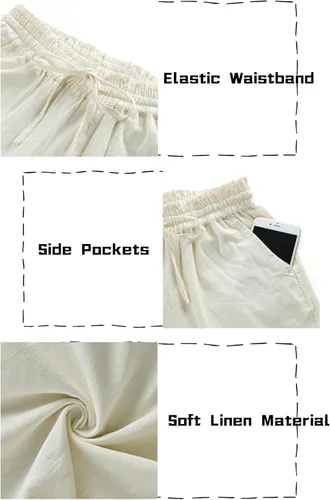 Miniatura 4 de LNX - Pantalones de lino para mujer, cintura alta, pierna ancha, cordón ajustable, pantalones holgados informales con bolsillos