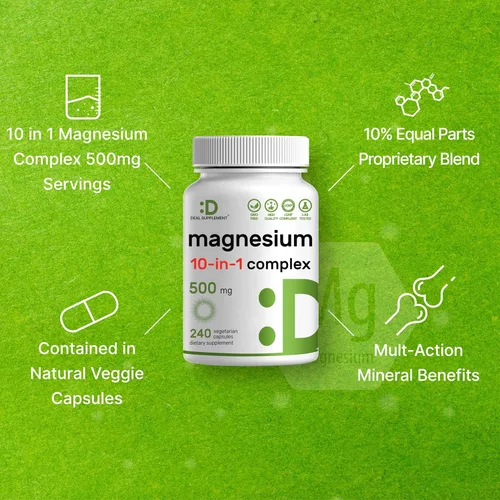 Miniatura 4 de Complejo de magnesio de 500 mg, 240 cápsulas vegetales – 10 en 1 glicinato, citrato, malato, óxido y más – 100% quelado para una fácil absorción