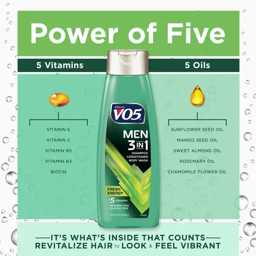 Miniatura 4 de VO5 - Champú acondicionador y gel de baño 3 en 1 para hombre, 12.5 onzas, energía fresca, 5 vitaminas esenciales para ayudar a nutrir e hidratar tu