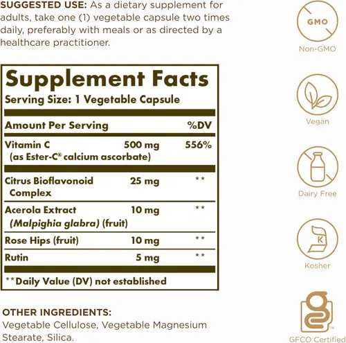 Miniatura 2 de Solgar Ester-C Plus 500 mg de vitamina C (complejo de ascorbato) – 100 cápsulas vegetales, paquete de 2 – Antioxidante y apoyo inmunológico – Sin