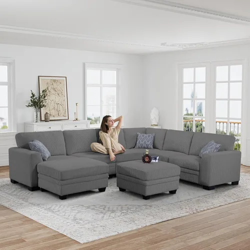 Miniatura 75 de Legend Vansen Sofá Seccional Modular de Gran Tamaño, Sofá en Forma de U de 7 Asientos con Otomana, Sofá de Pana con Asiento Profundo, Sofás Crema