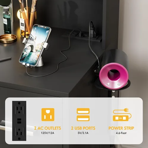 Miniatura 5 de VICTONE Escritorio de tocador con espejo iluminado LED y toma de corriente, 3 modelos de luces, mesa de tocador de maquillaje con 7 cajones y 6